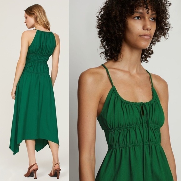 PROENZA SCHOULER Emerald Crepe Ruched Smocked Tie Front Sleeveless Midi Dress 10 - Picture 7 of 16